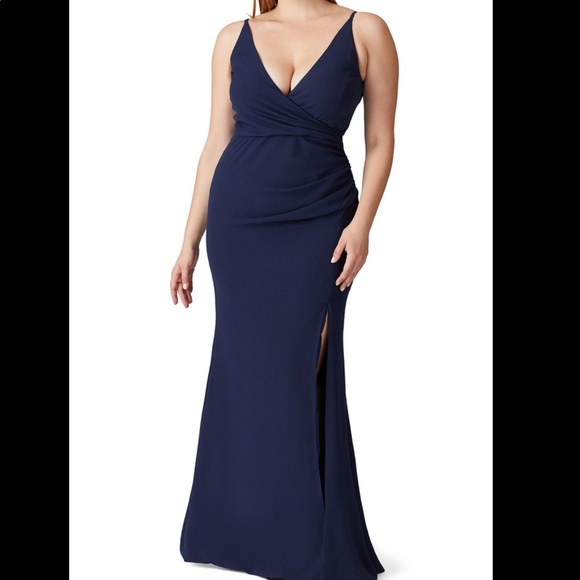 Dress the Population Navy Blue Ruched Side Slit Gown Dress New Extra Large